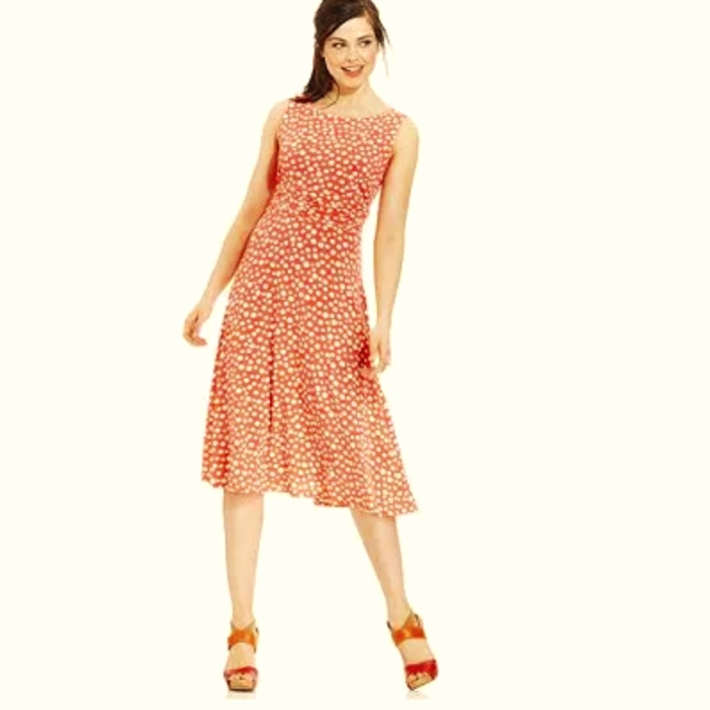 Jessica Howard Orange Polka Dot Ruched Midi Dress